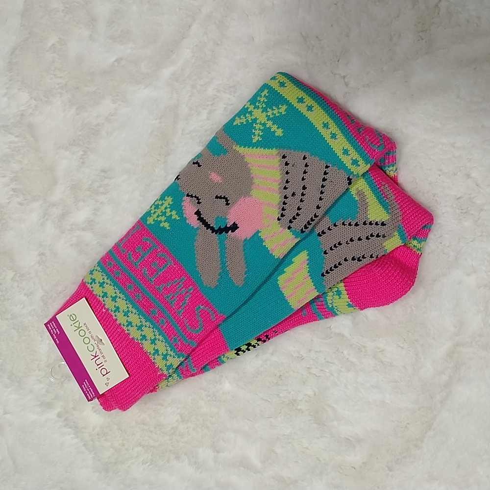New pink cookie knit bunny print socks